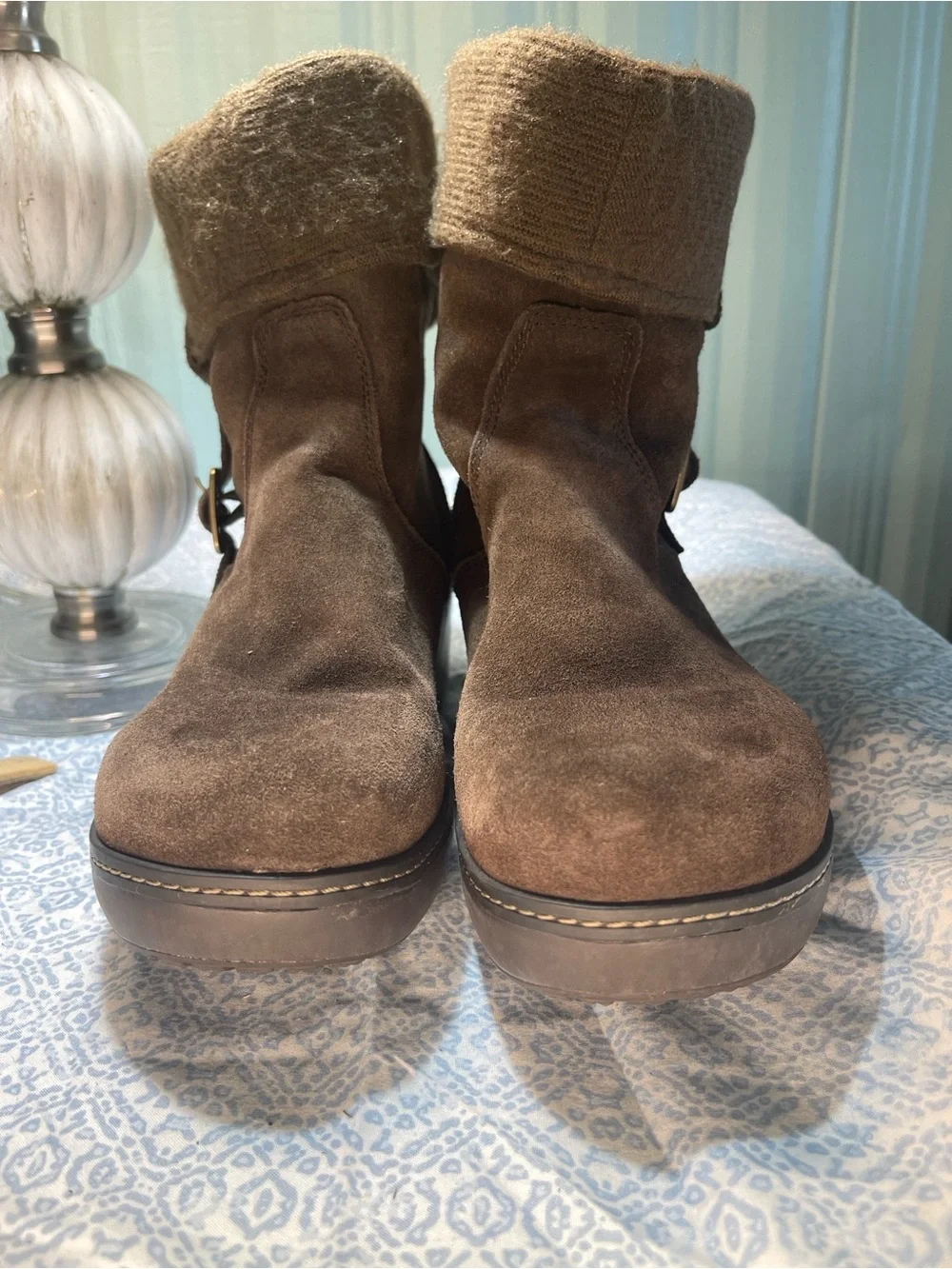CROCS Brown Suede Wedge Ankle Boots with Knit Cuff